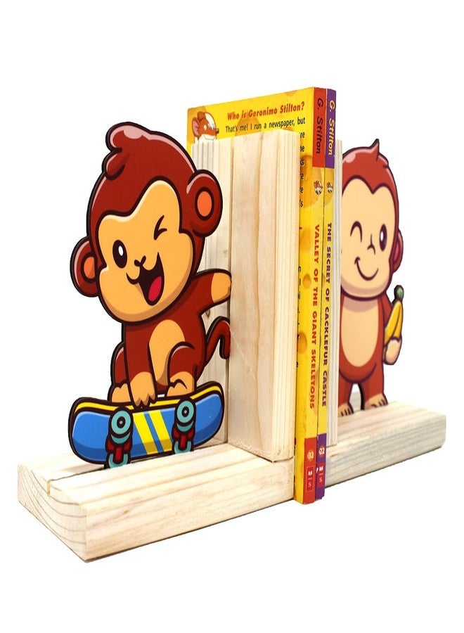 The Rosette Imprint Wooden Bookend for Kids Girls & Boys | Adjustable Book Stopper & Book Holder Stand | Bookends for Study Table, Shelf & Home Decor | Safe & Durable | Monkey Design - Image 3